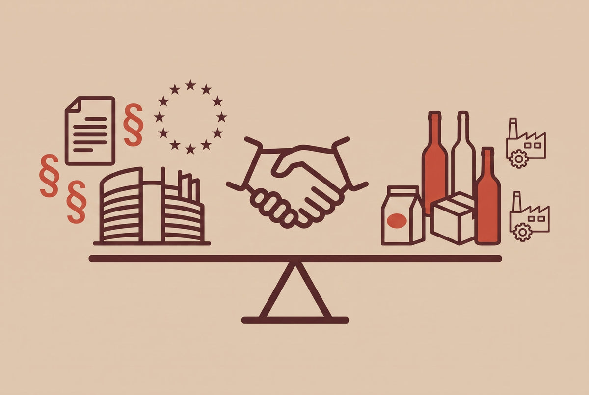 Minimalistische Illustration einer Wippe mit EU-Symbolen, Paragraphen und Verpackungen, die Verhandlungen über EPR-Regelungen symbolisiert.