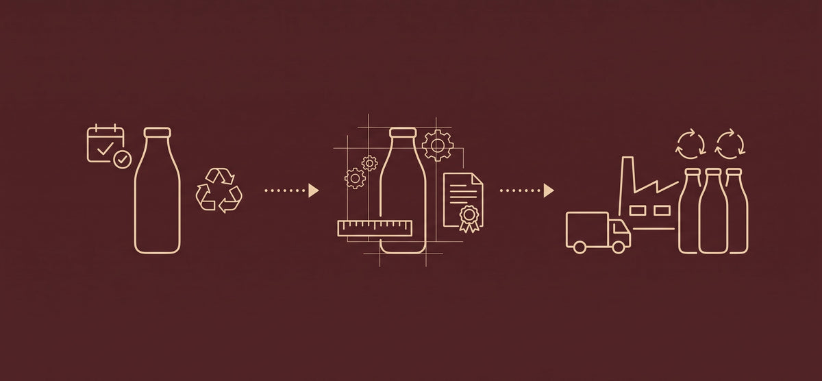 Reduzierte Vektorgrafik auf dunkelrotem Hintergrund, die den dreistufigen PPWR-Zeitplan für die Recyclingfähigkeit von Verpackungen ab 2026, 2030 und 2035 symbolisiert.